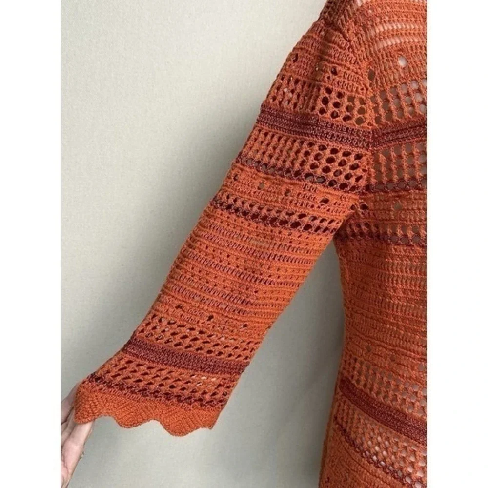 Premise Women's Open Knit Sweater Tunic Cover Up Orange Rust Sz L Boho Hippie